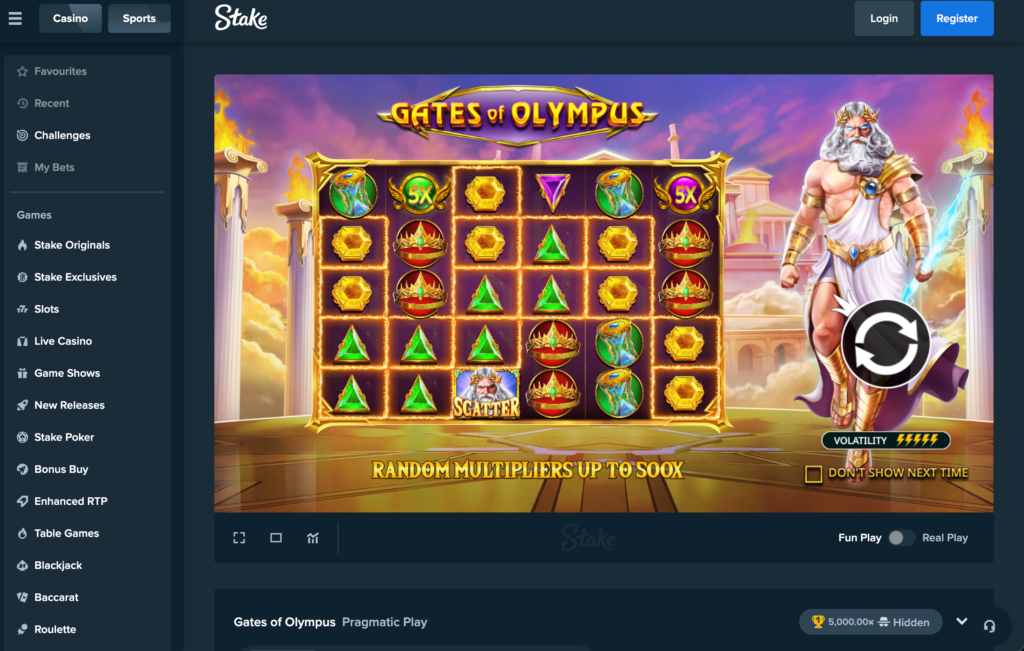 Gameplay of Gates of Olympus slot on Stake.com platform – Zeus symbol, multipliers, and tumble feature in action.
