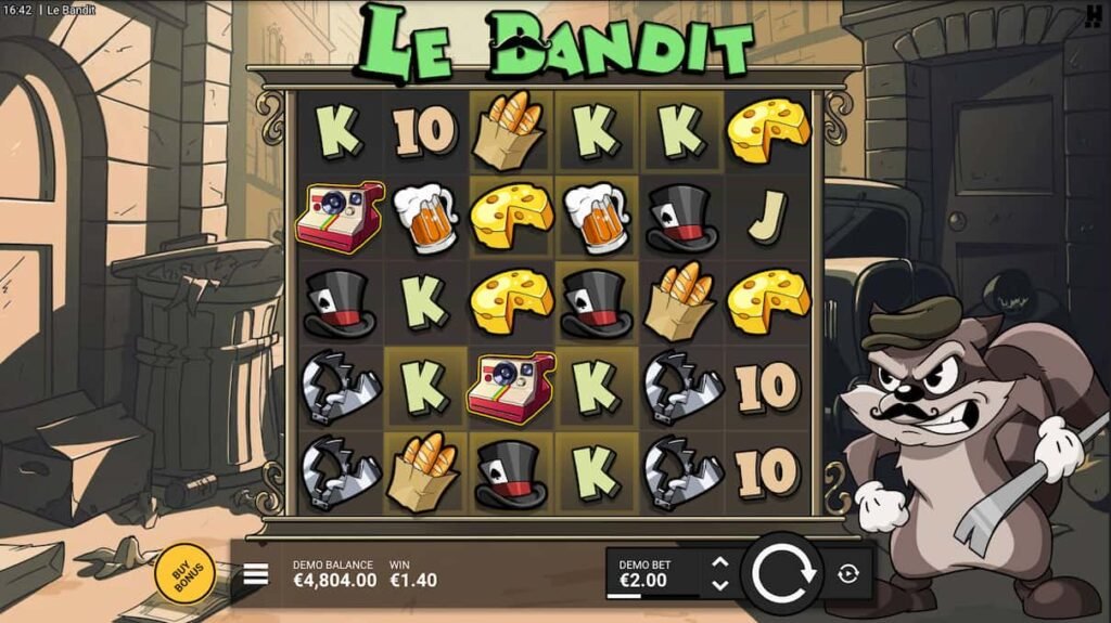 The 6x5 game grid of the Le Bandit slot, showing the various themed symbols and the main character, Smokey Le Bandit.