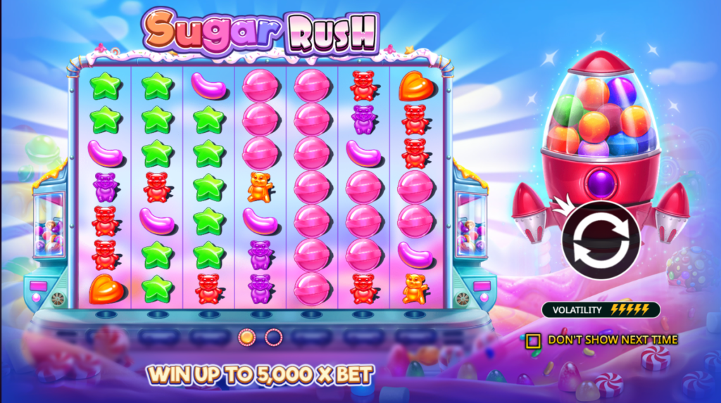 The 7x7 game grid featured in our Sugar Rush slot review, showing the colorful candy symbols and the famous Tumble feature.