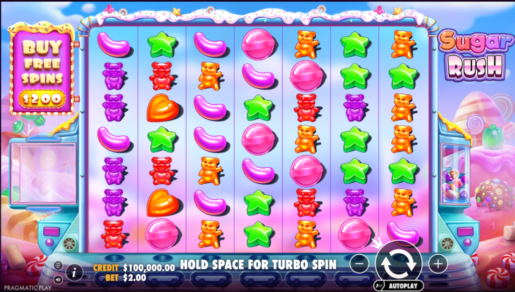 The game grid in our Sugar Rush slot review, showing the various candy symbols and the Cluster Pays mechanic.