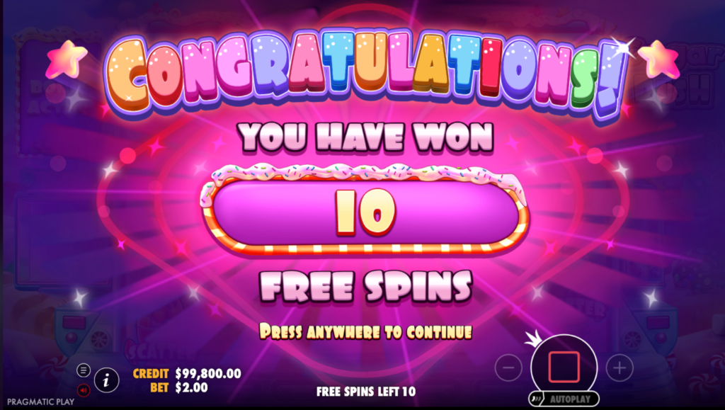 Triggering the bonus round in our Sugar Rush slot review, showing that 10 free spins have been won.