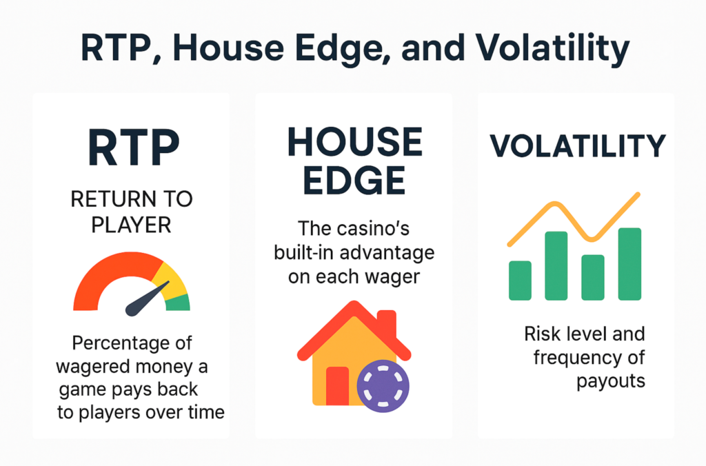 Best games to win on online casino infographic. RTP, house edge and volatility explained.