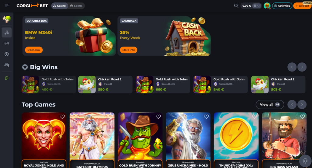 A screenshot of the CorgiBet.com slots lobby, showing a grid of popular slot games like "Gates of Olympus" and "Sweet Bonanza."