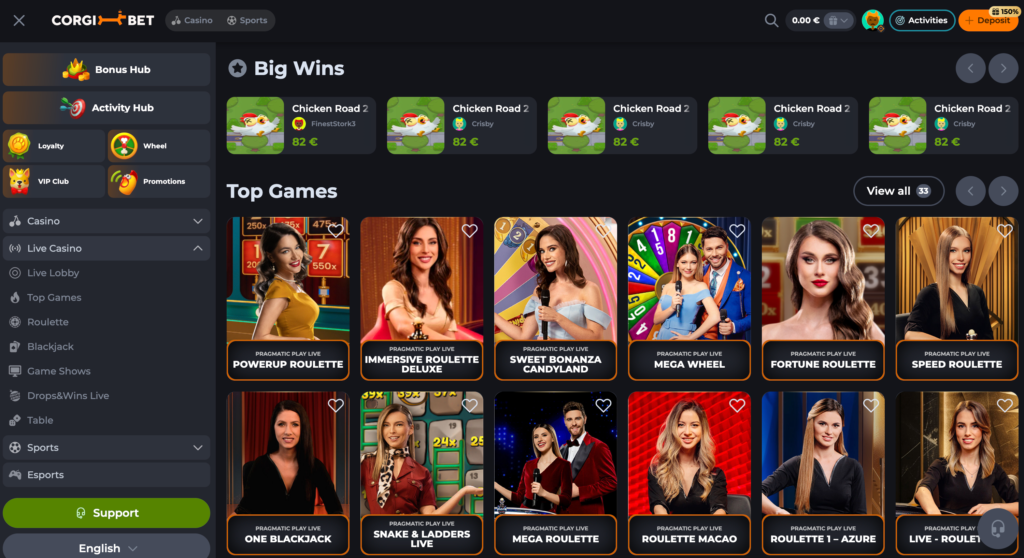 A screenshot of the CorgiBet.com live casino lobby, displaying various live dealer games including Live Roulette and Live Blackjack tables.