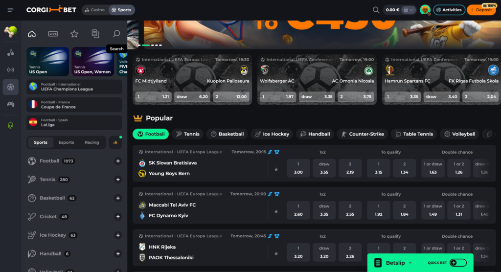 A screenshot of the CorgiBet.com sportsbook, showing a list of available sports like Soccer, Basketball, and Tennis, with live odds for an ongoing match