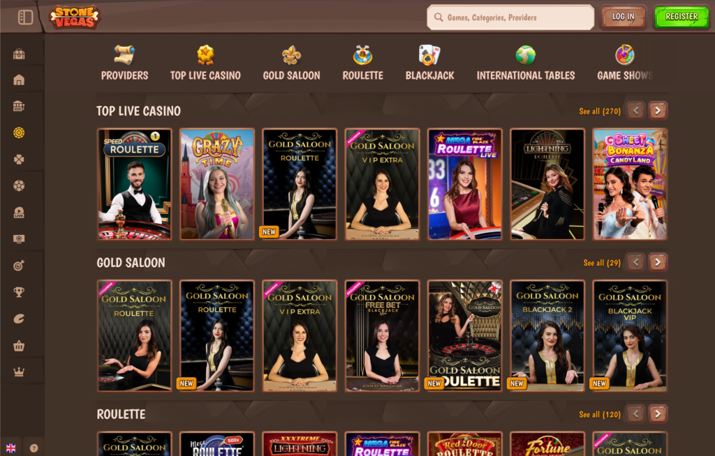 A preview of the StoneVegas live casino section, featuring a wide range of tables for Live Blackjack, Live Roulette, and popular game shows in our StoneVegas review
