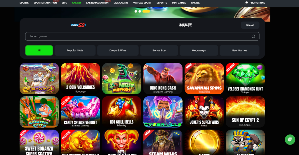 A screenshot of the VeloBet slots lobby, showcasing a variety of popular and exclusive games like "VeloBet Diamonds Hunt."
