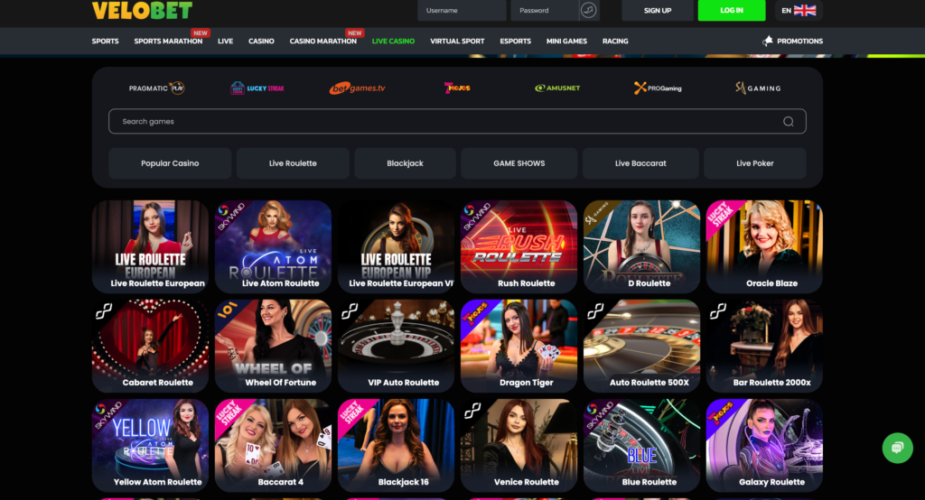 A preview of the VeloBet live casino section, featuring a range of tables for Live Blackjack, Live Roulette, and other real-time games.