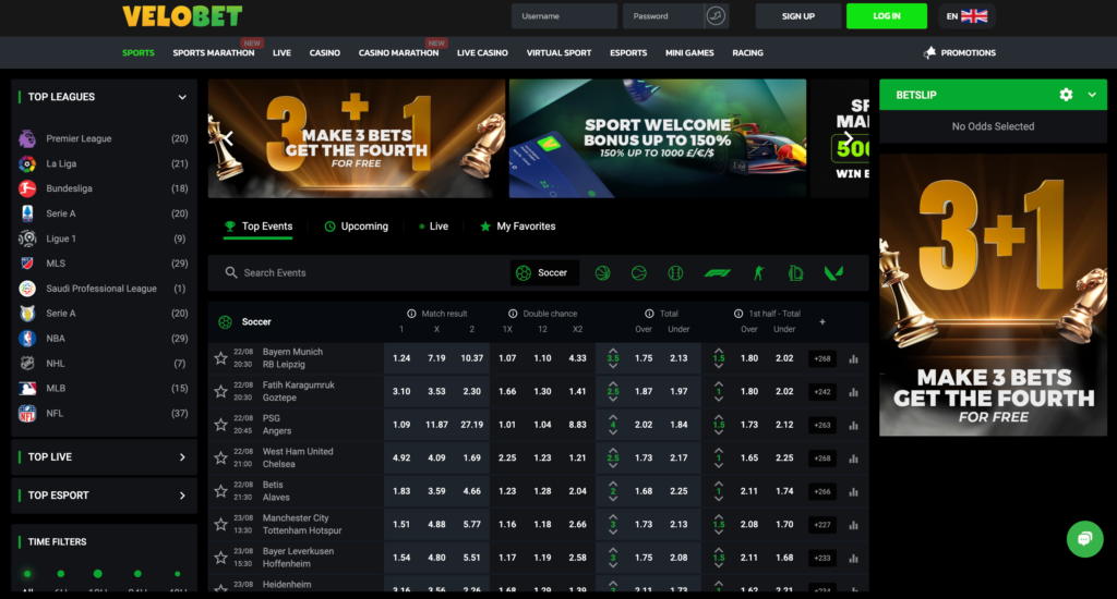 A screenshot of the VeloBet sportsbook interface, displaying a list of sports like football and tennis, along with live betting odds.