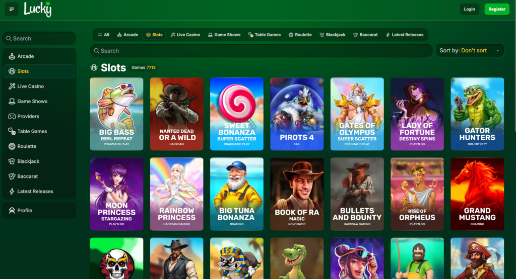 A screenshot of the Lucky.co slots lobby, showing a vibrant grid of popular games like 'Big Bass Bonanza' and 'Gates of Olympus'.