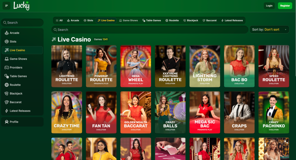 A preview of the Lucky.co live casino and game shows section, featuring popular titles like 'Crazy Time' and 'Sweet Bonanza Candyland', for our lucky.co review.