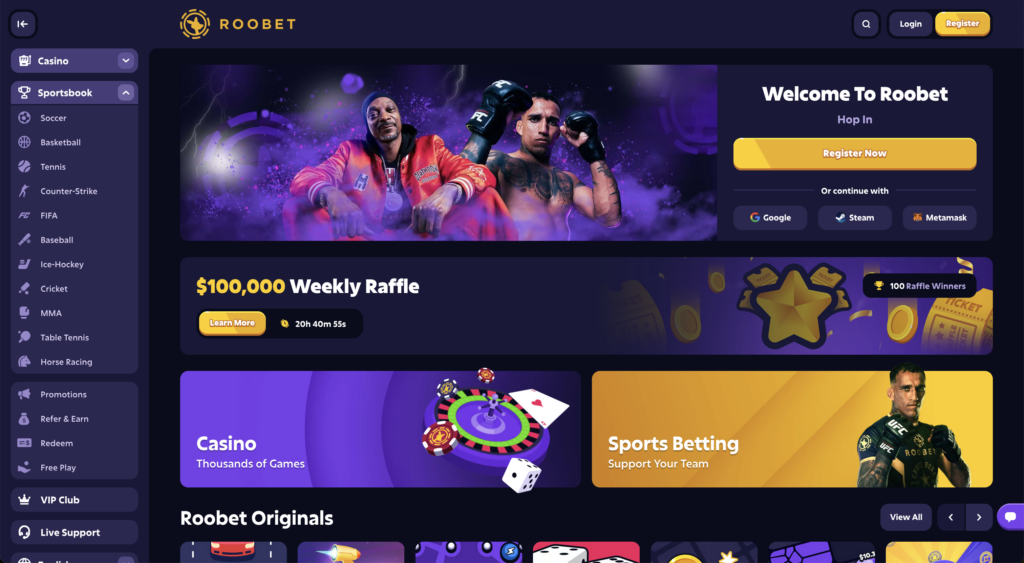A complete Roobet review showing the casino's main dashboard and user interface