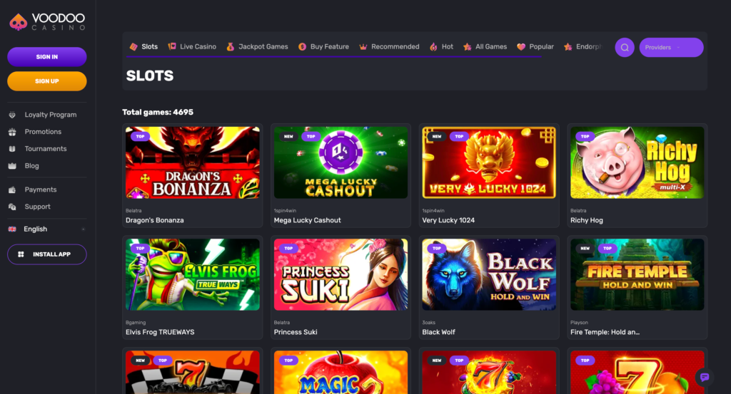 A screenshot of the Voodoo.casino slots lobby, featuring a mystical theme and a grid of popular games like 'Book of Dead' and 'Sweet Bonanza'.
