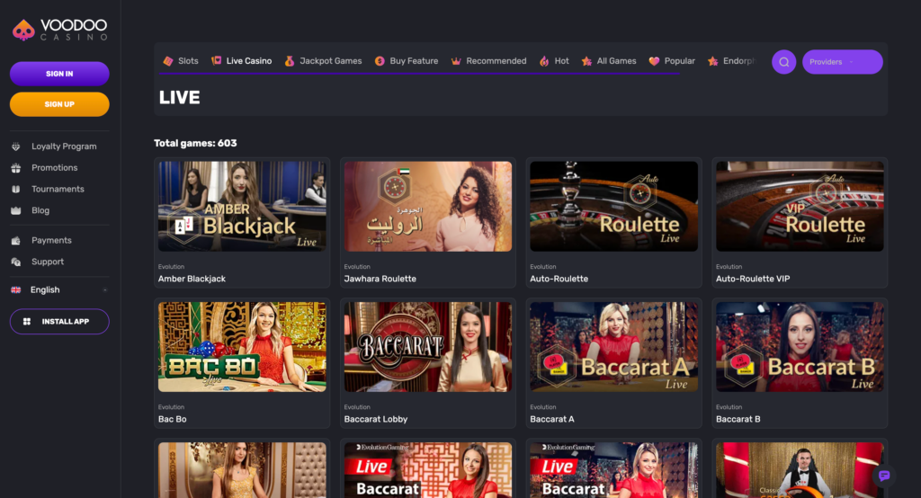 A preview of the Voodoo.casino live dealer section, showcasing tables for Live Roulette and Live Blackjack in a sophisticated interface.