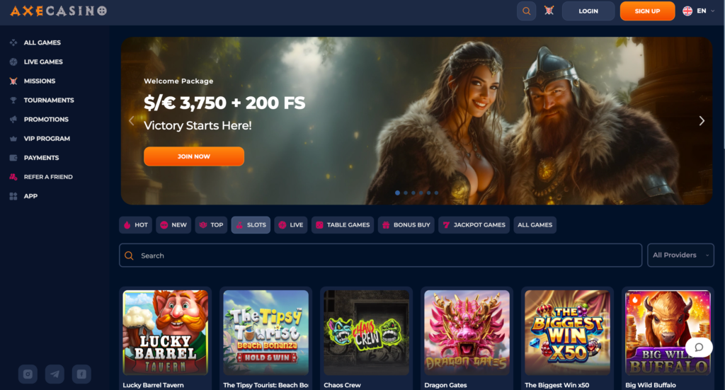 A screenshot of the AxeCasino review slots lobby, featuring a warrior theme and a grid of popular games like 'Chaos Crew'.