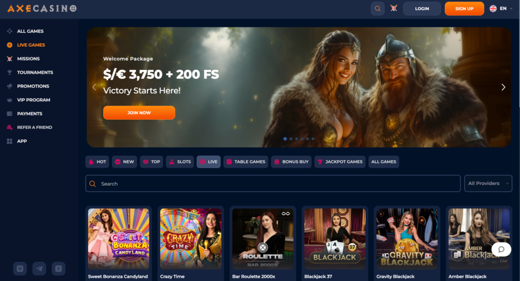 A preview of the AxeCasino live dealer section, showcasing tables for Live Roulette and Live Blackjack in a dynamic interface.