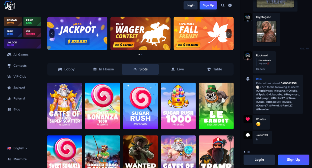 A screenshot of the JacksClub.io slots lobby, featuring a modern, dark theme and a grid of popular games like 'Gates of Olympus'.