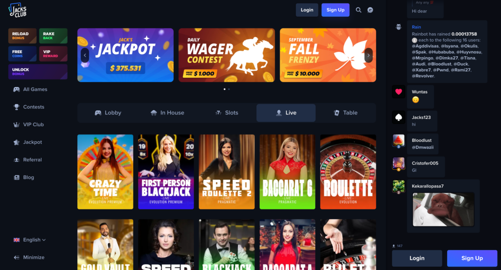 A preview of the JacksClub.io live dealer section, showcasing tables for Live Roulette and Live Blackjack in a sophisticated interface.