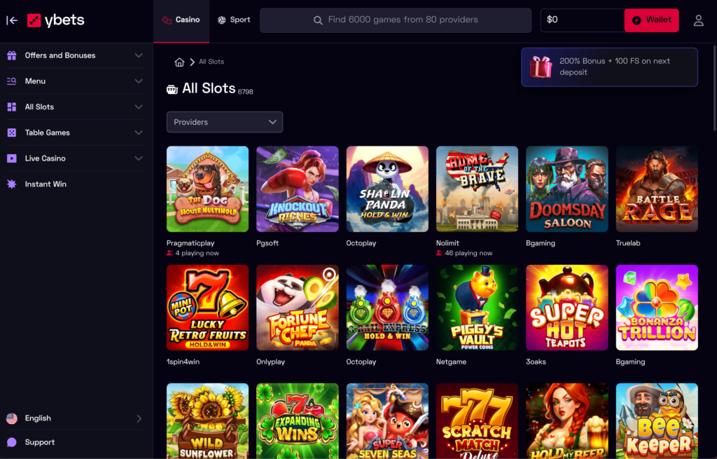 A screenshot of the YBets.net review slots lobby, showing a modern design and a grid of popular games like 'Gates of Olympus'.