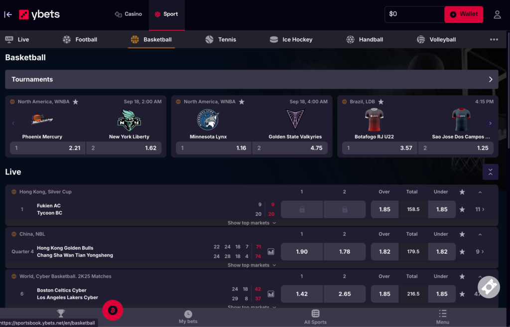 A screenshot of the YBets.net sportsbook, showing a list of sports and live betting odds on a football match.