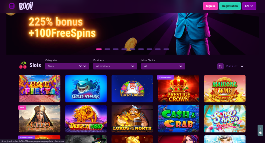  A screenshot of the vibrant Booi Casino slots lobby, showcasing a colorful grid of popular slot games.