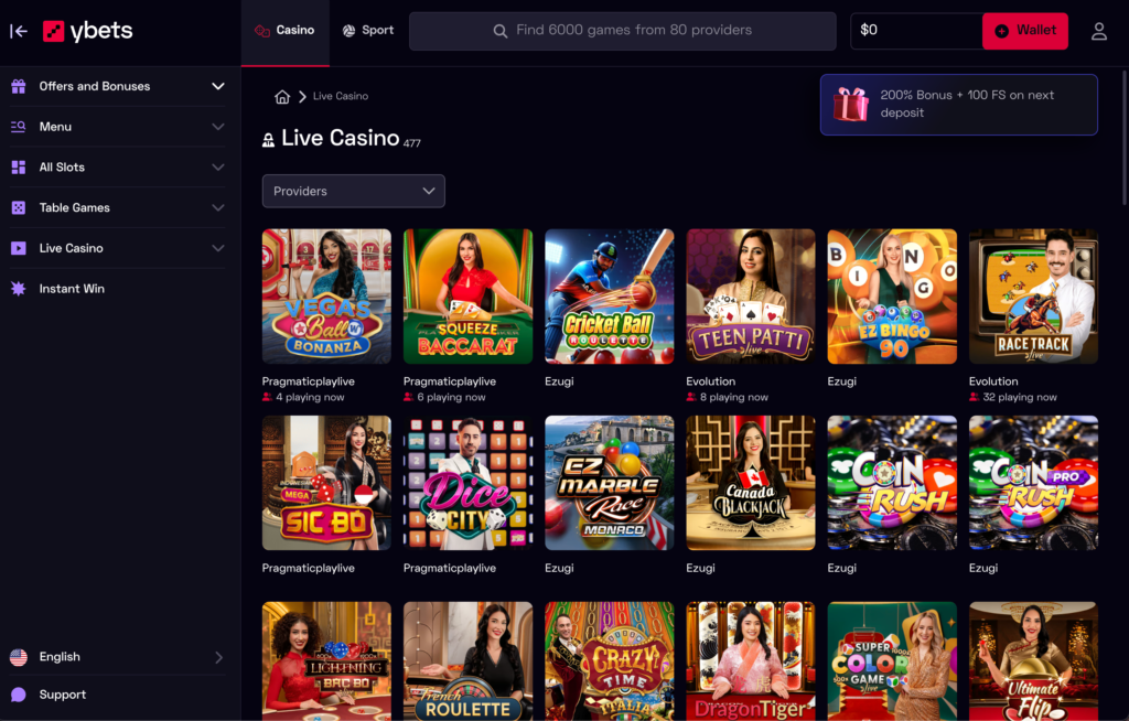 A preview of the YBets.net live casino section, with tables for Live Roulette and Live Blackjack in a sophisticated interface.