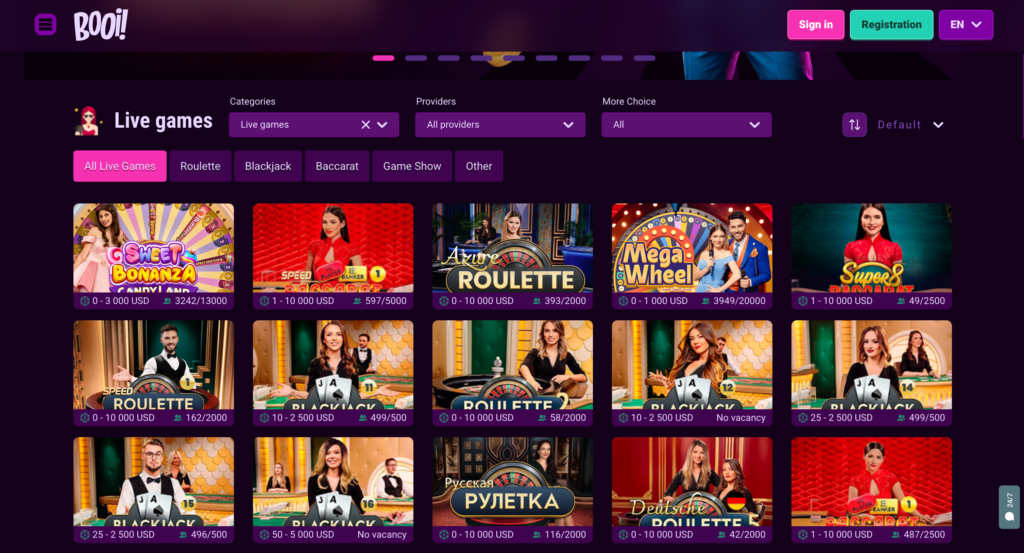 A preview of the Booi Casino review live casino section, with tables for Live Roulette and other games in a modern interface.