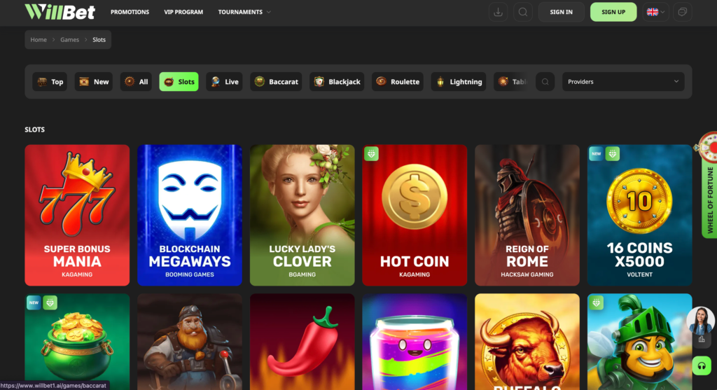 A screenshot of the Willbet.ai review slots lobby, featuring a futuristic AI theme and a grid of popular slot games.
