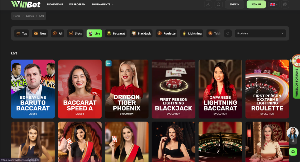A preview of the Willbet.ai live casino section, showcasing Live Blackjack tables in a sleek, modern interface.