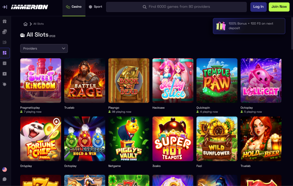 A screenshot of the Immerion review slots lobby, showing a futuristic design and a grid of popular games like 'Gates of Olympus'.