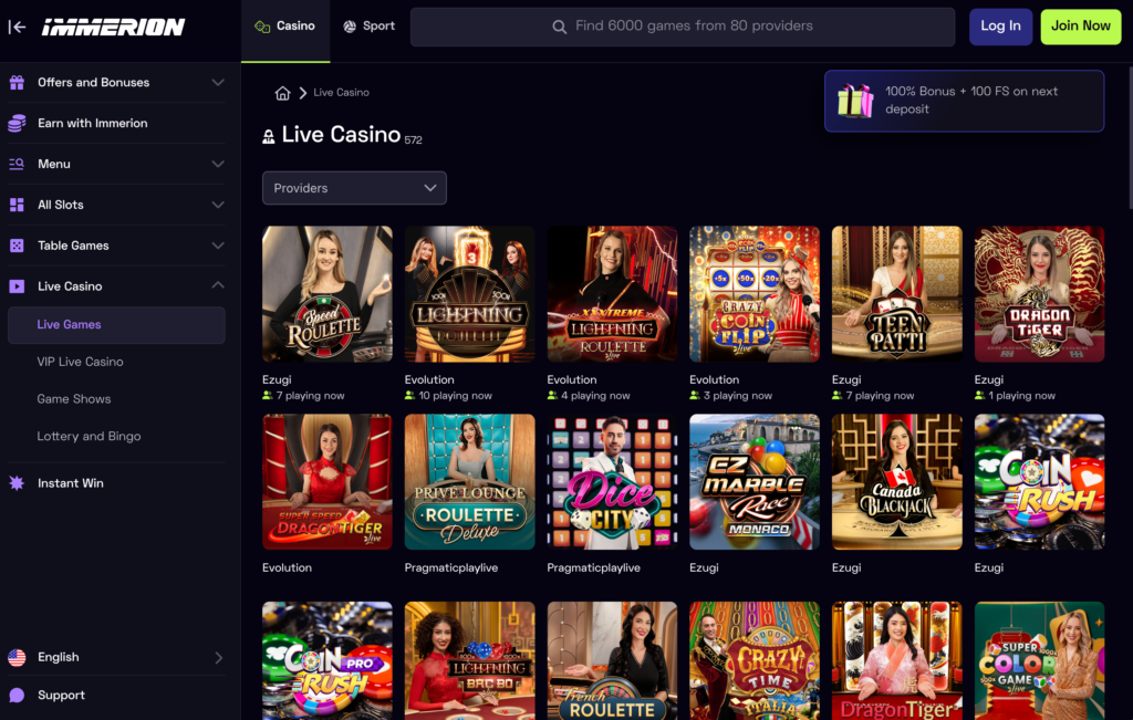 A screenshot of the Immerion review live casino lobby, showing a futuristic design and a grid of popular games like 'Ezugi provider'.