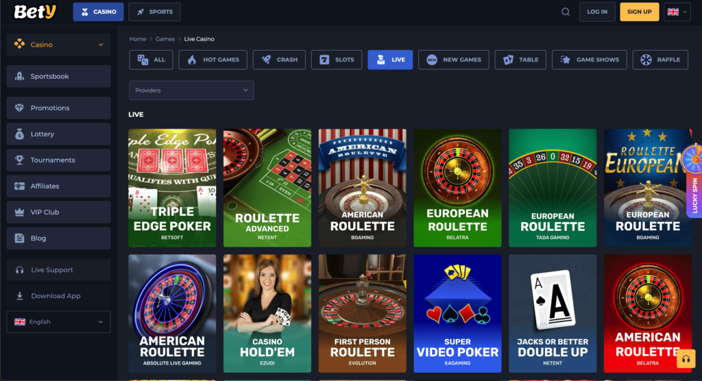 A preview of the Bet20.com live casino section, with tables for Live Blackjack and Live Roulette in a modern interface.