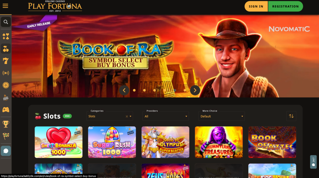 A screenshot of the PlayFortuna review slots lobby, showing a classic design and a grid of popular slot games.