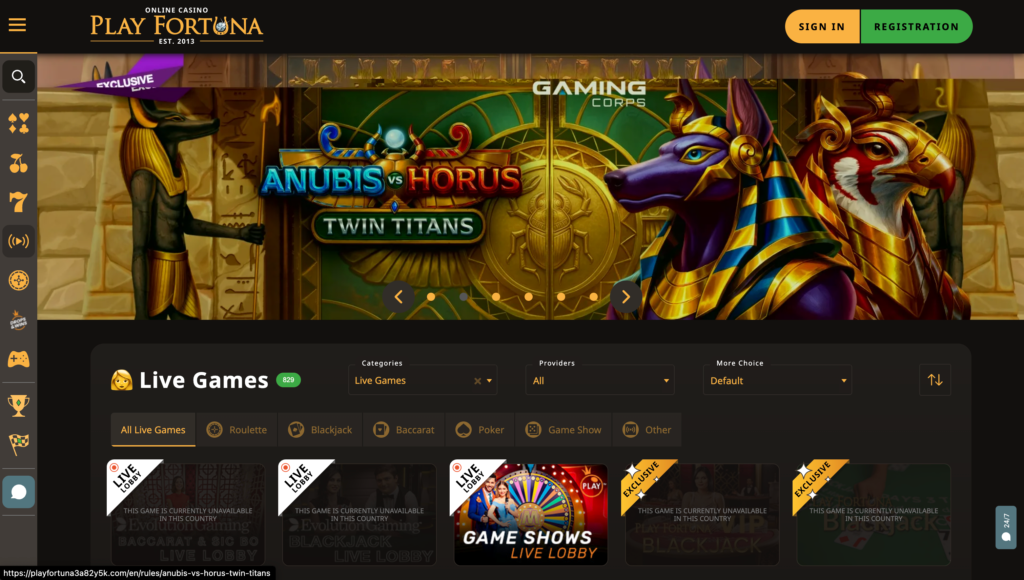 A preview of the PlayFortuna live casino section, with tables for Live Roulette and Live Blackjack in a luxurious interface.