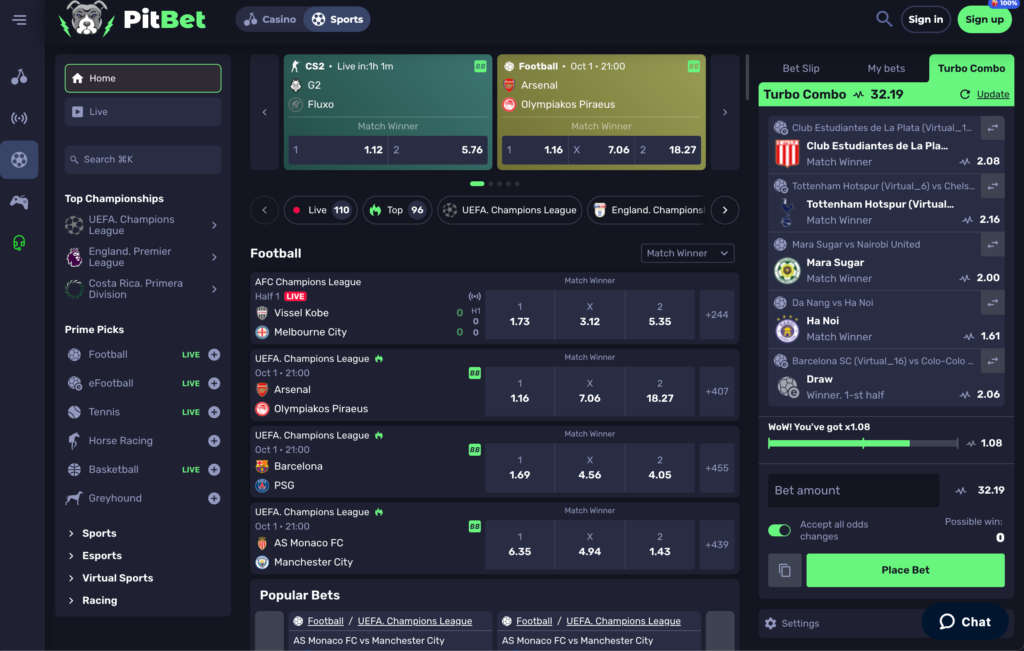 A screenshot of the Pitbet.io slots lobby, featuring a sleek, dark design and a grid of popular sporstbook.