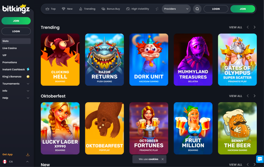A screenshot of the Bitkingz slots lobby, featuring a unique pixel-art theme and a grid of popular slot games.