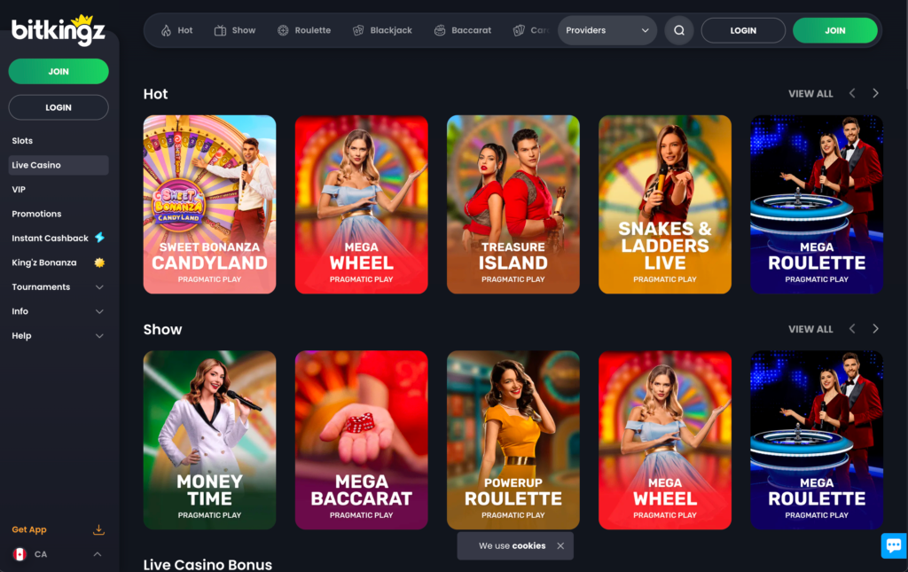 A preview of the Bitkingz review live casino section, with tables for Live Roulette and Live Blackjack in a classic interface.