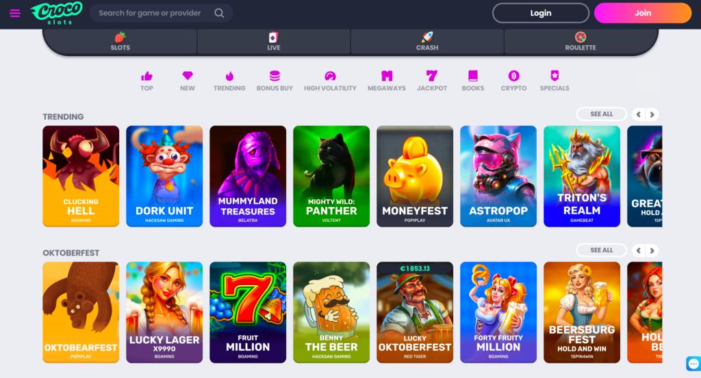 A screenshot of the Crocoslots review lobby, featuring a vibrant jungle theme and a grid of popular slot games.