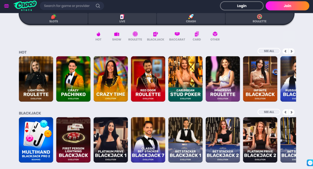 A preview of the Crocoslots live casino section, showing tables for Live Roulette and Live Blackjack.