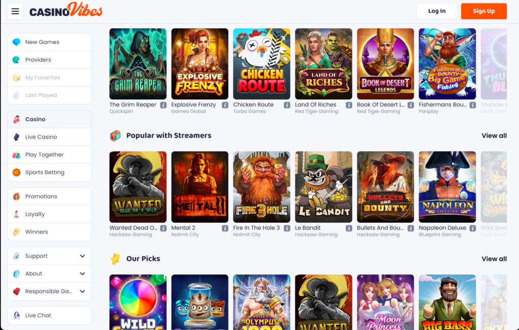 A screenshot of the CasinoVibes review slots lobby, featuring a clean and vibrant design and a grid of popular games.
