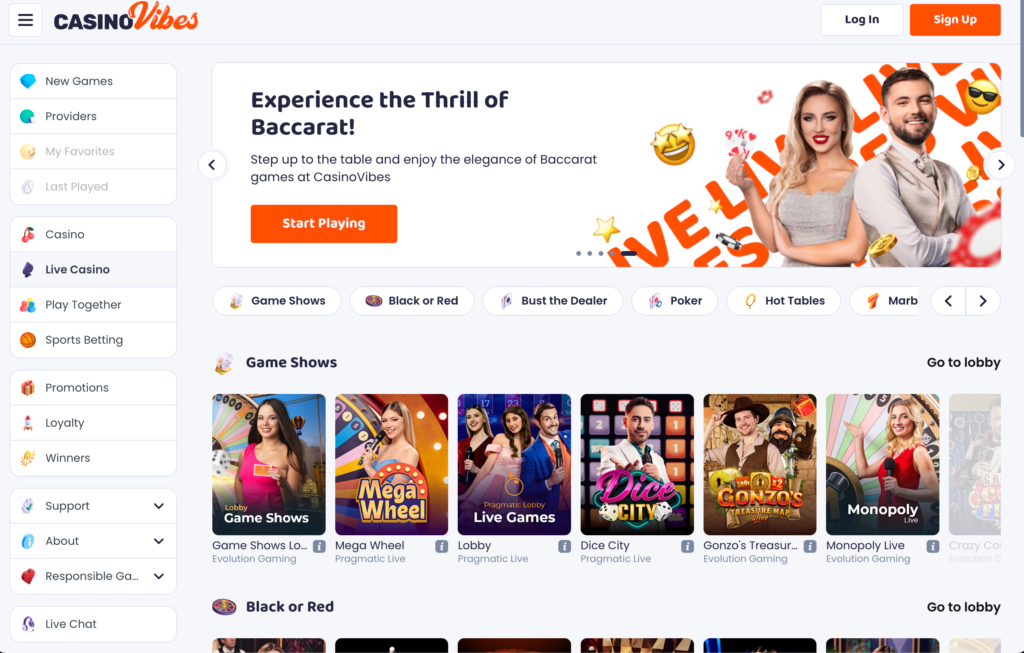 A preview of the CasinoVibes live casino section, with tables for Live Roulette and Live Blackjack in a user-friendly interface.